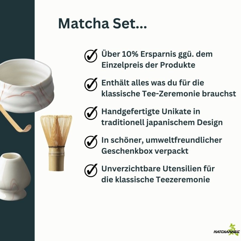 Infografik mit den Eigenschaften des Matcha Sets Momoiro